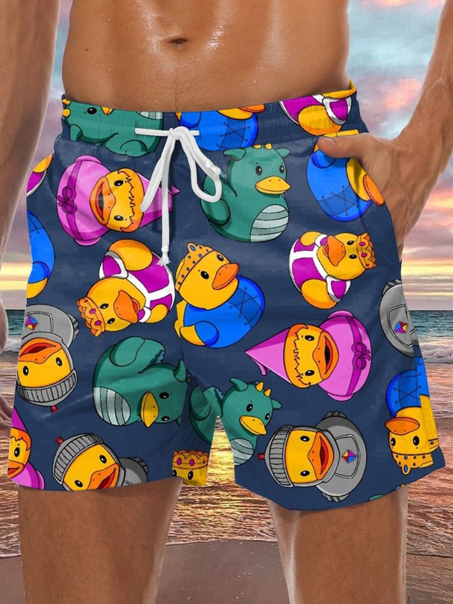 Men DJ Bottoms | Cute Cartoon Duckling Print Pocket Shorts Navy