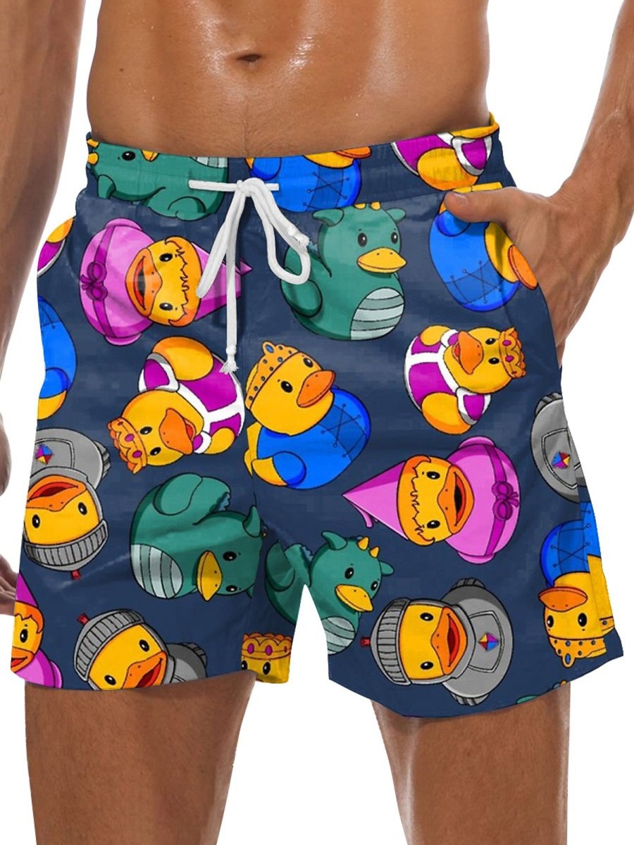 Men DJ Bottoms | Cute Cartoon Duckling Print Pocket Shorts Navy