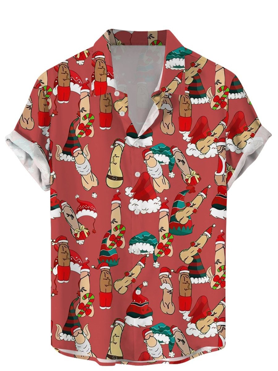 Men LJC Shirts | Santa Hat Cocks Print Short-Sleeved Shirt Red