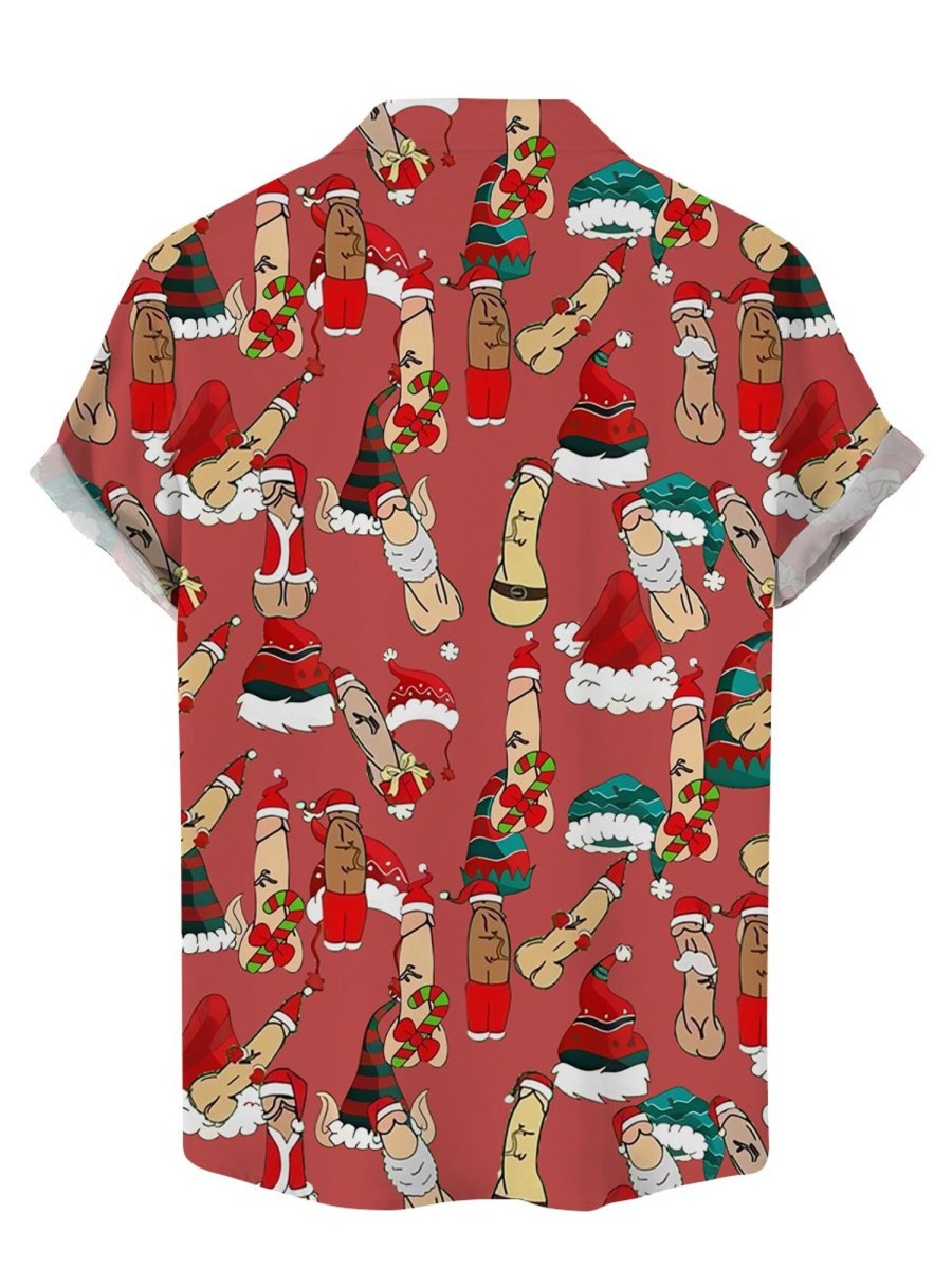 Men LJC Shirts | Santa Hat Cocks Print Short-Sleeved Shirt Red