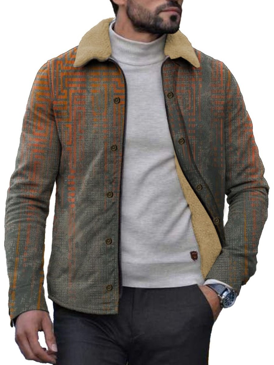 Men DJ Jacket | Retro Gradient Geometric Print Velvet Warm Lapel Jacket Photo Color