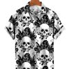 Men HLJ Shirts | Men'S Hawaiian Black And Skull Short Sleeve Shirt White