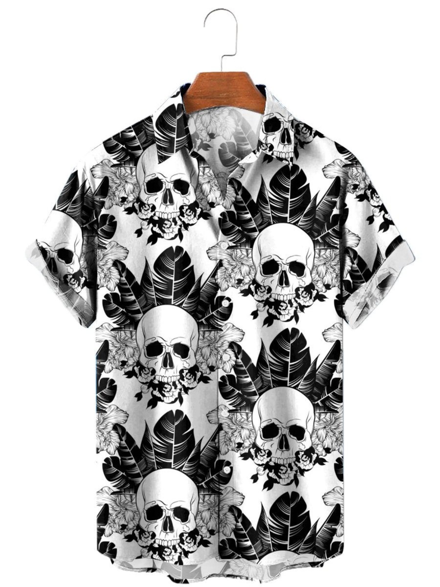 Men HLJ Shirts | Men'S Hawaiian Black And Skull Short Sleeve Shirt White