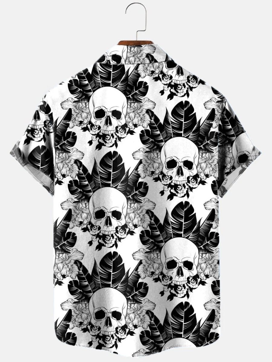 Men HLJ Shirts | Men'S Hawaiian Black And Skull Short Sleeve Shirt White