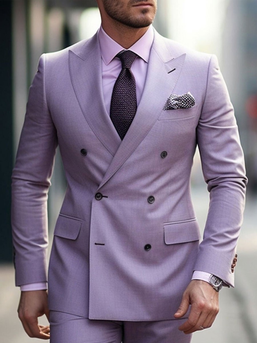 Men BXL Jacket | Men'S Solid Color Double Breasted Casual Blazer Light Purple