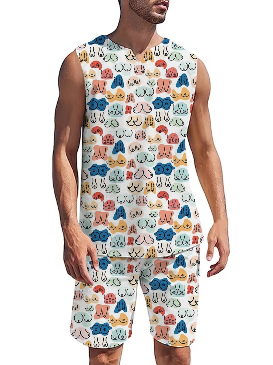 Men DJ Set | Colorful Chest Print Tank Top And Shorts Set Photo Color