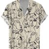 Men DJ Shirts | Abstract Face Print Casual Hawaiian Short Sleeve Shirt Khaki