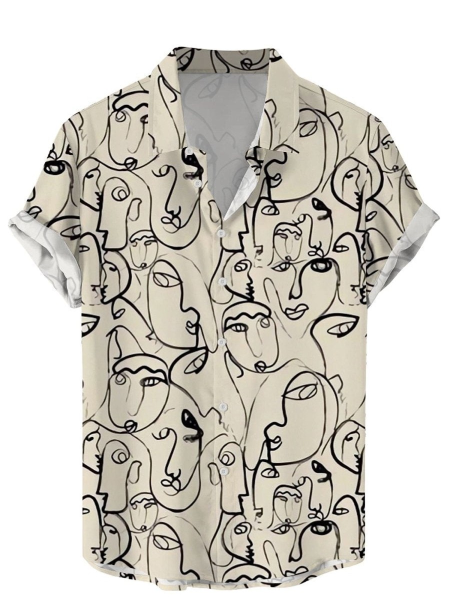 Men DJ Shirts | Abstract Face Print Casual Hawaiian Short Sleeve Shirt Khaki