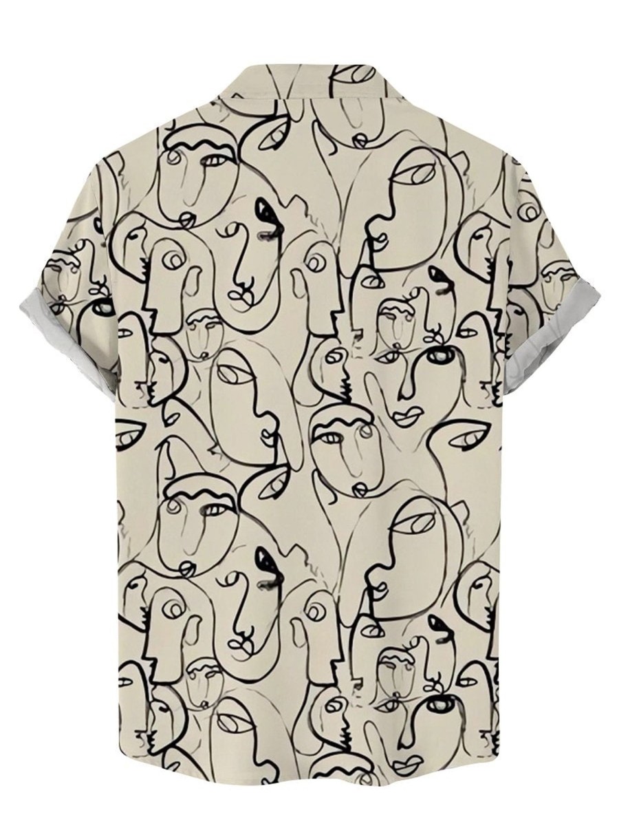 Men DJ Shirts | Abstract Face Print Casual Hawaiian Short Sleeve Shirt Khaki