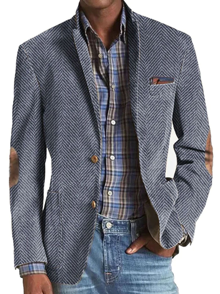 Men DJ Jacket | Vintage Herringbone Suede 3-Pocket Casual Blazer Navy Blue