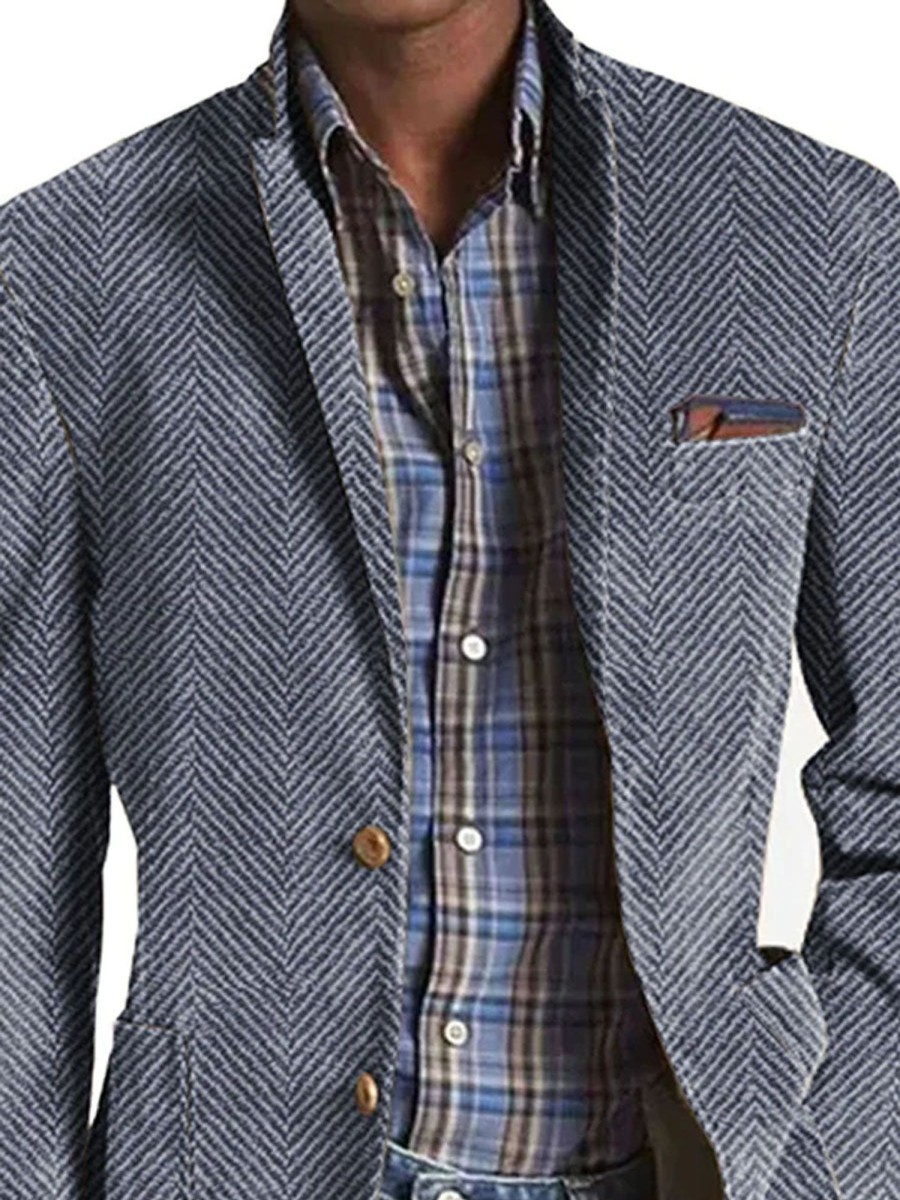 Men DJ Jacket | Vintage Herringbone Suede 3-Pocket Casual Blazer Navy Blue