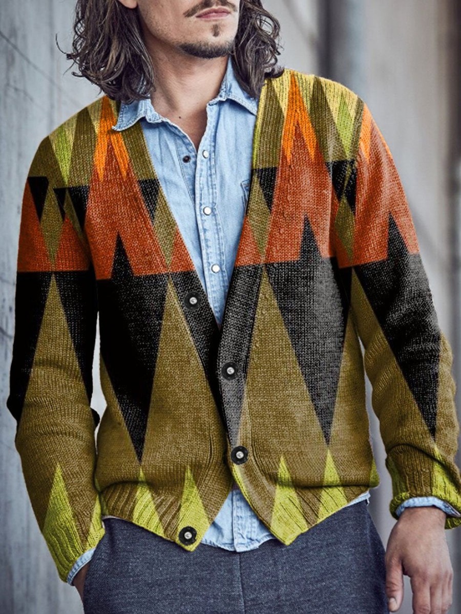 Men DJ Print Cardigan | Retro Multicolor Geometric Print V-Neck Knitted Cardigan Photo Color