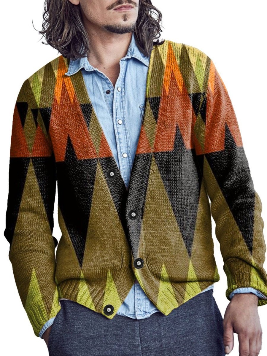 Men DJ Print Cardigan | Retro Multicolor Geometric Print V-Neck Knitted Cardigan Photo Color