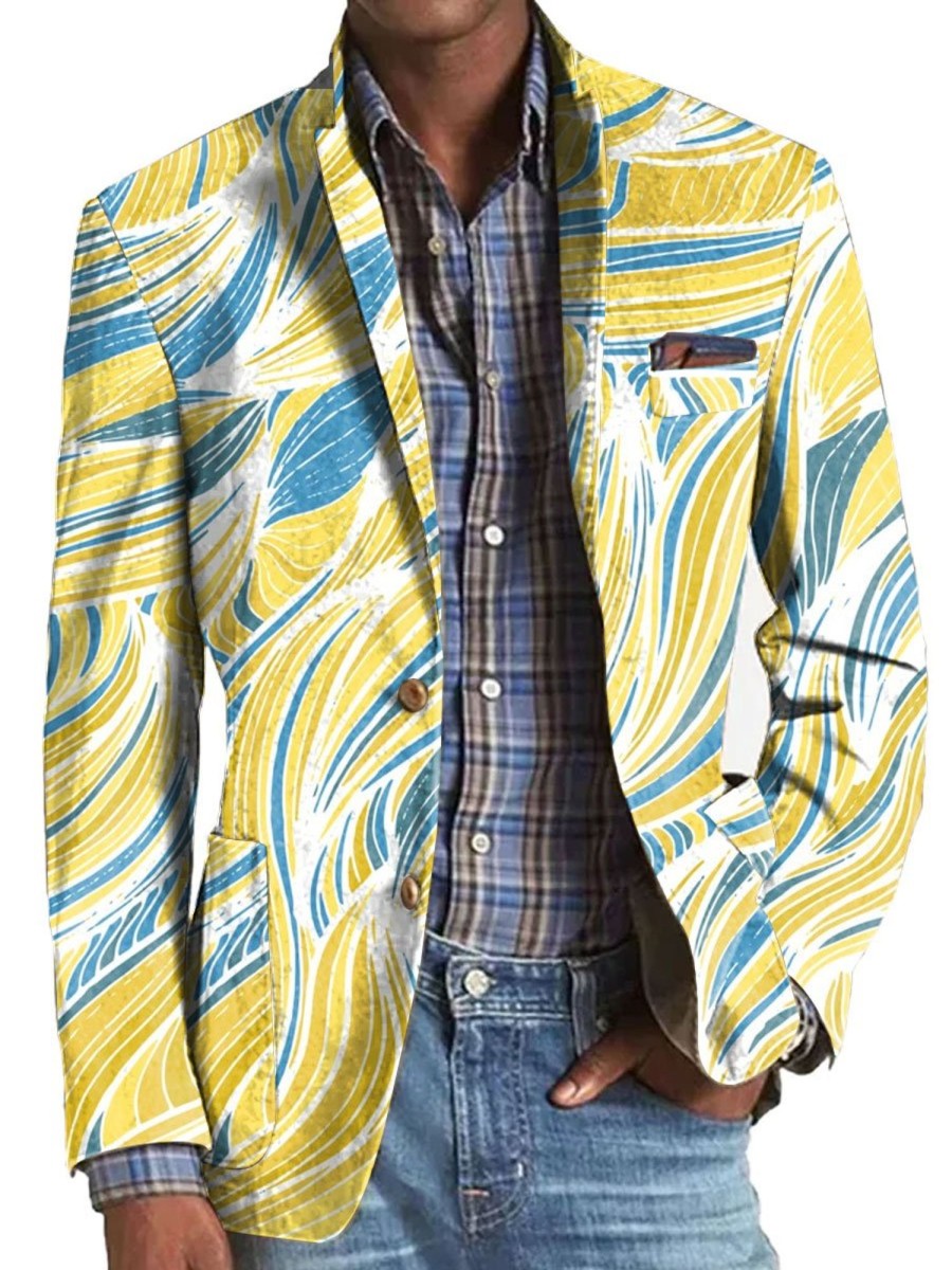 Men TH Print Jacket | Yellow And Blue Ripples Lapel Three-Pocket Casual Blazer Photo Color