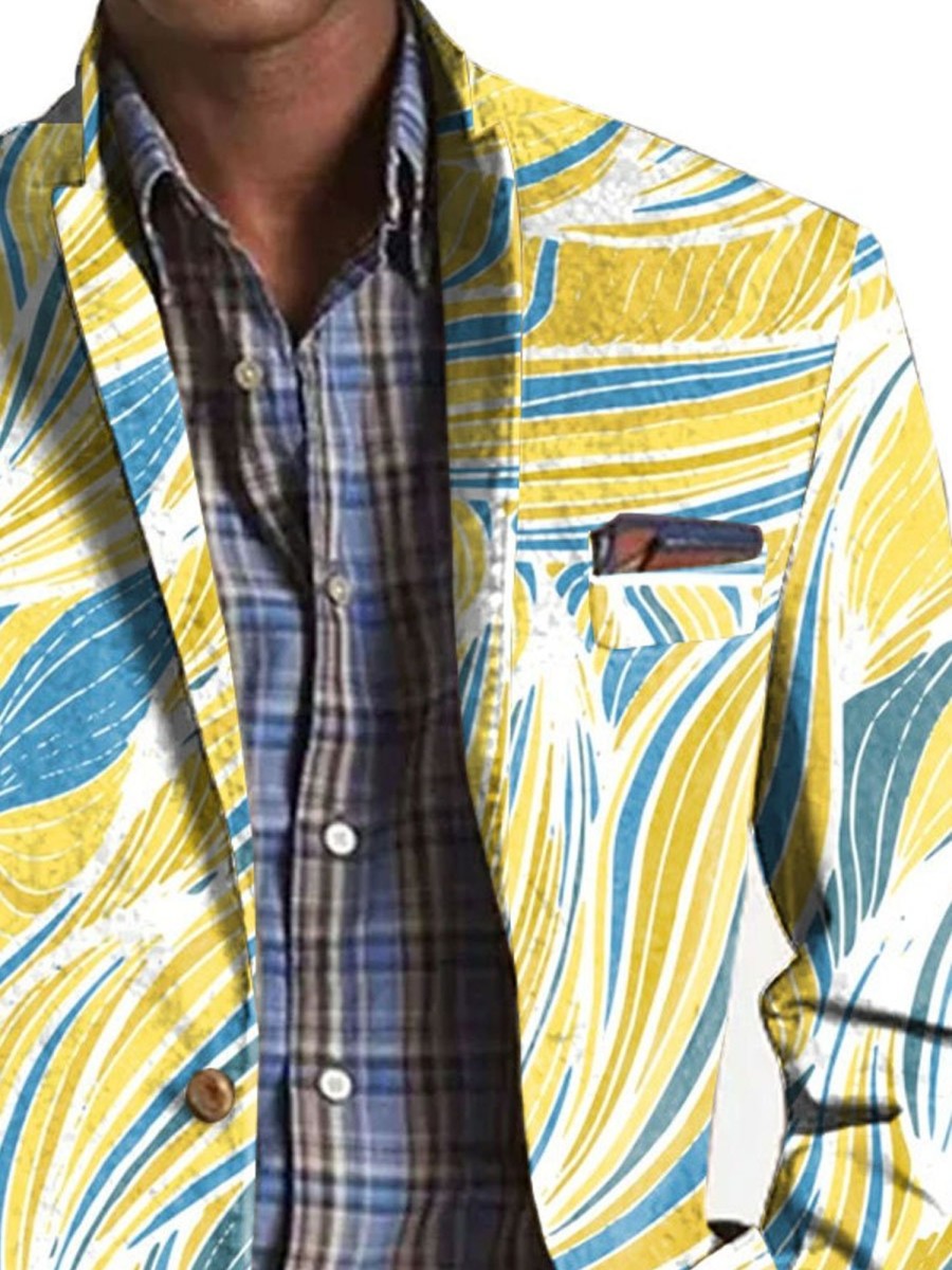 Men TH Print Jacket | Yellow And Blue Ripples Lapel Three-Pocket Casual Blazer Photo Color