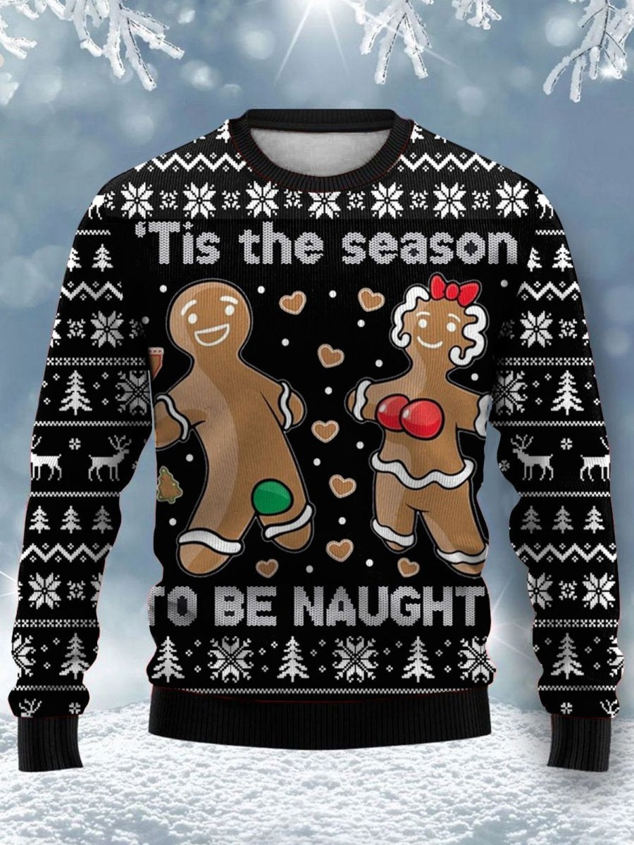 Men DJ Ugly Sweater | Interesting Christmas Biscuit Printing Round Neck Sweatshirts Black