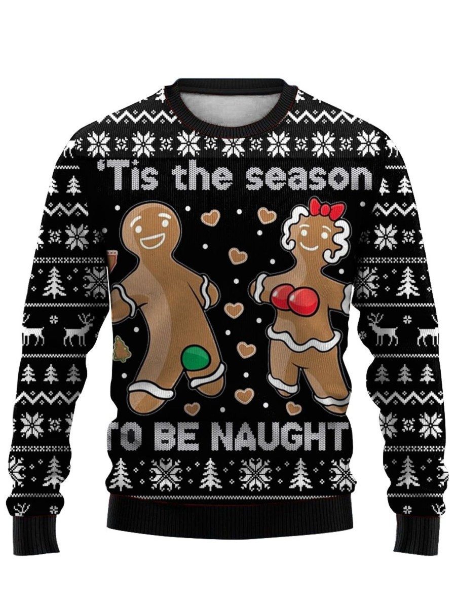 Men DJ Ugly Sweater | Interesting Christmas Biscuit Printing Round Neck Sweatshirts Black