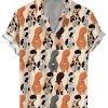 Men DJ Shirts | Cartoon Cat Butt Print Casual Short Sleeve Shirt Khaki