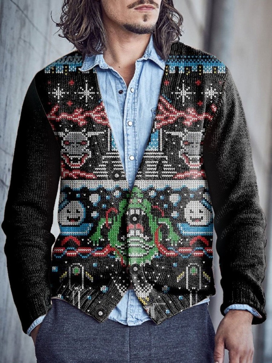 Men BXL Print Cardigan | Men'S Casual Holiday Fun Ghostbusters V-Neck Sweater Cardigan Photo Color