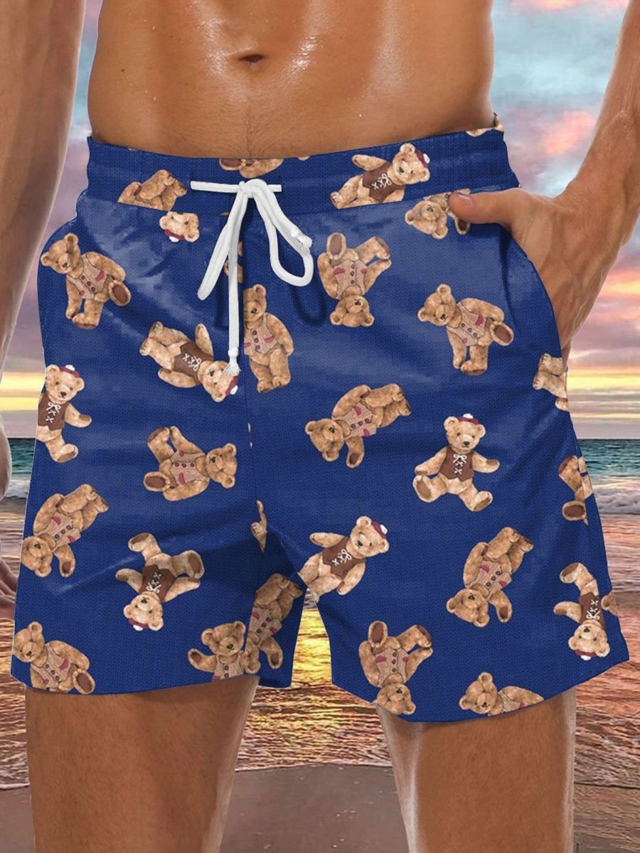 Men BXL Bottoms | Fun And Cute Bear Print Casual Shorts Blue