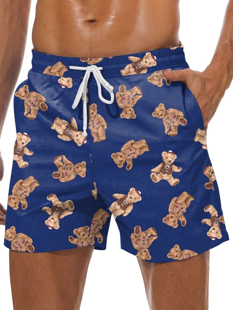 Men BXL Bottoms | Fun And Cute Bear Print Casual Shorts Blue