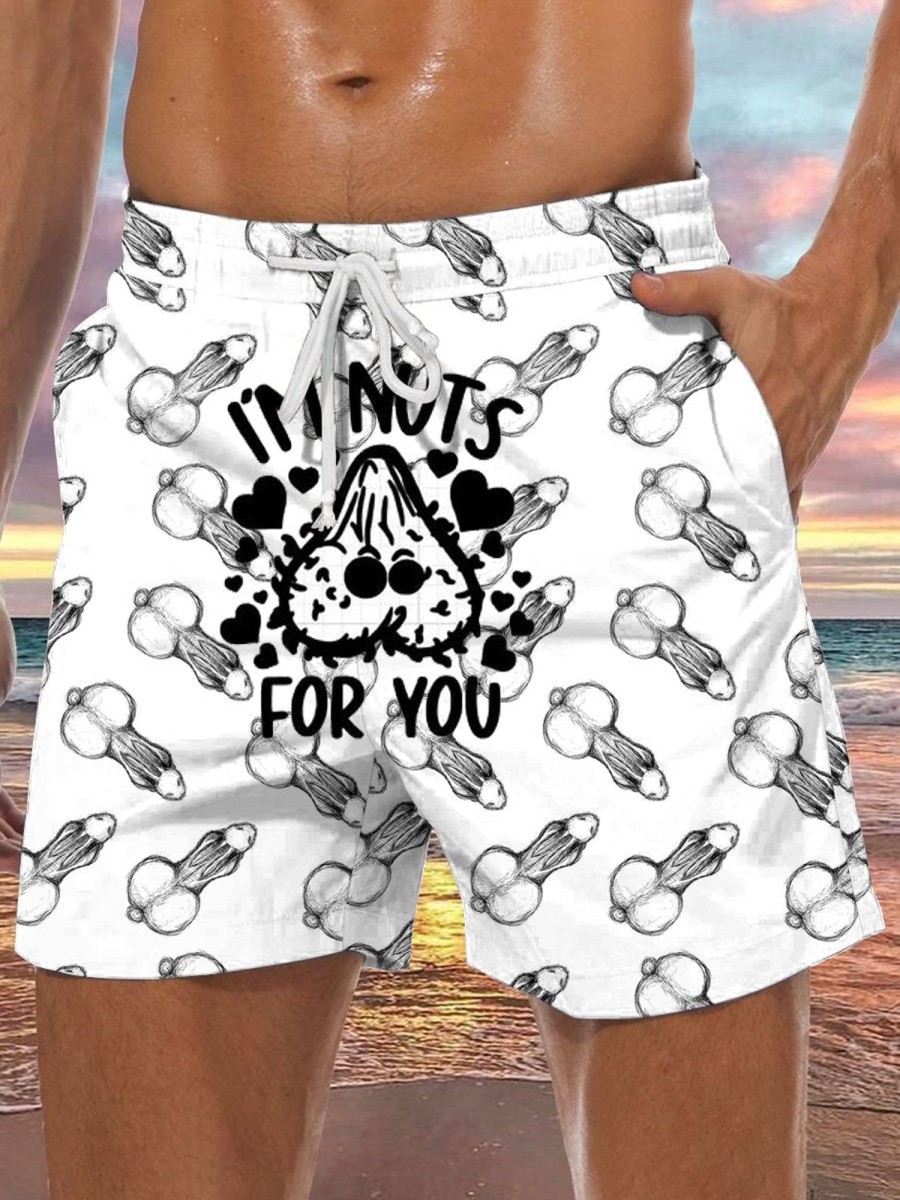 Men LJC Shorts | Rabbit Testicle Print Hawaiian Track Shorts White