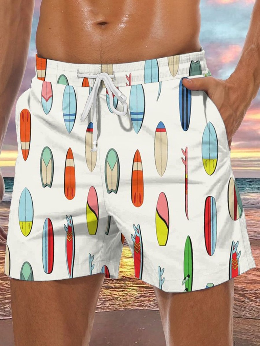 Men GYJ Bottoms | Surfboard Print Hawaiian Track Shorts White