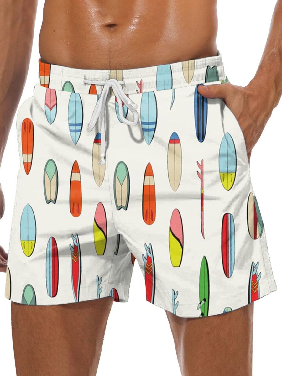 Men GYJ Bottoms | Surfboard Print Hawaiian Track Shorts White