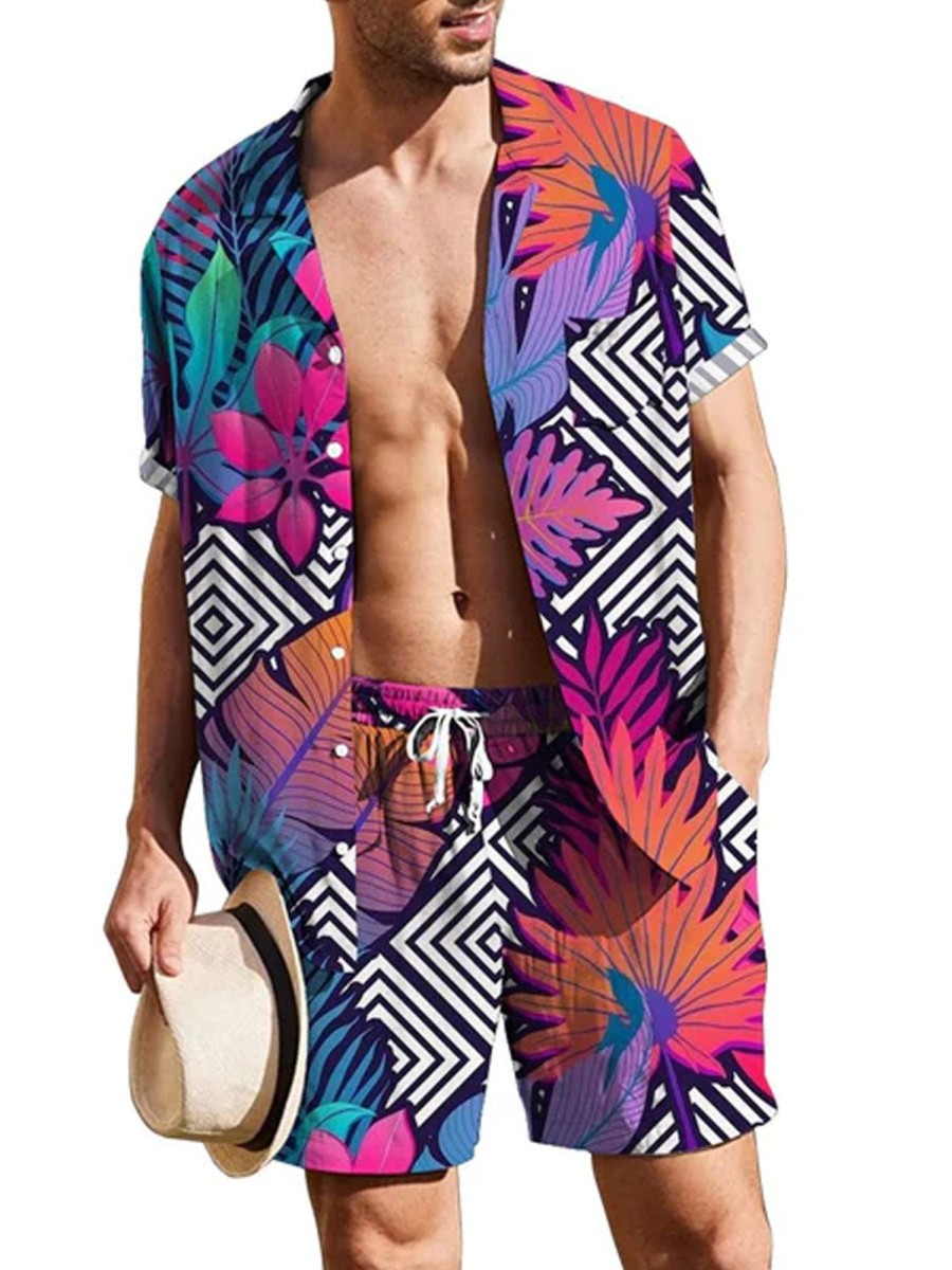 Men DJ Set | Colorful Geometric Plants Print Casual Resort Set Photo Color