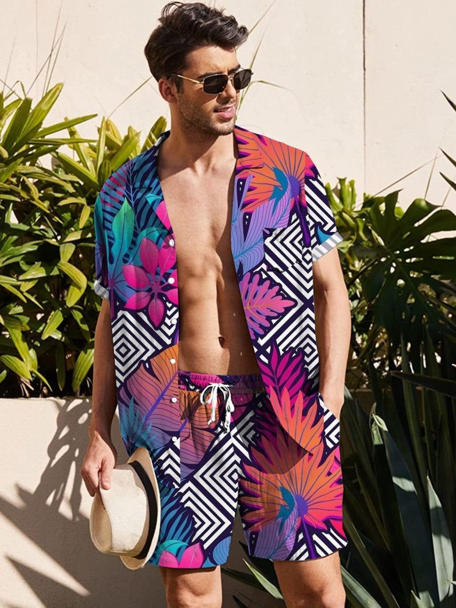 Men DJ Set | Colorful Geometric Plants Print Casual Resort Set Photo Color