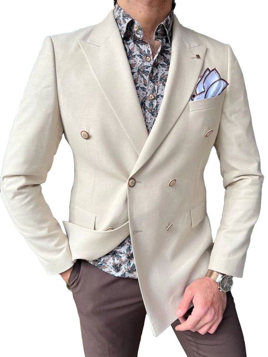 Men DJ Jacket | Lapel Solid Color Double Breasted Casual 3 Pocket Blazer White