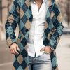 Men DJ Print Jacket | Retro Diamond Check Print Stand Collar Double Pocket Woolen Coat Photo Color