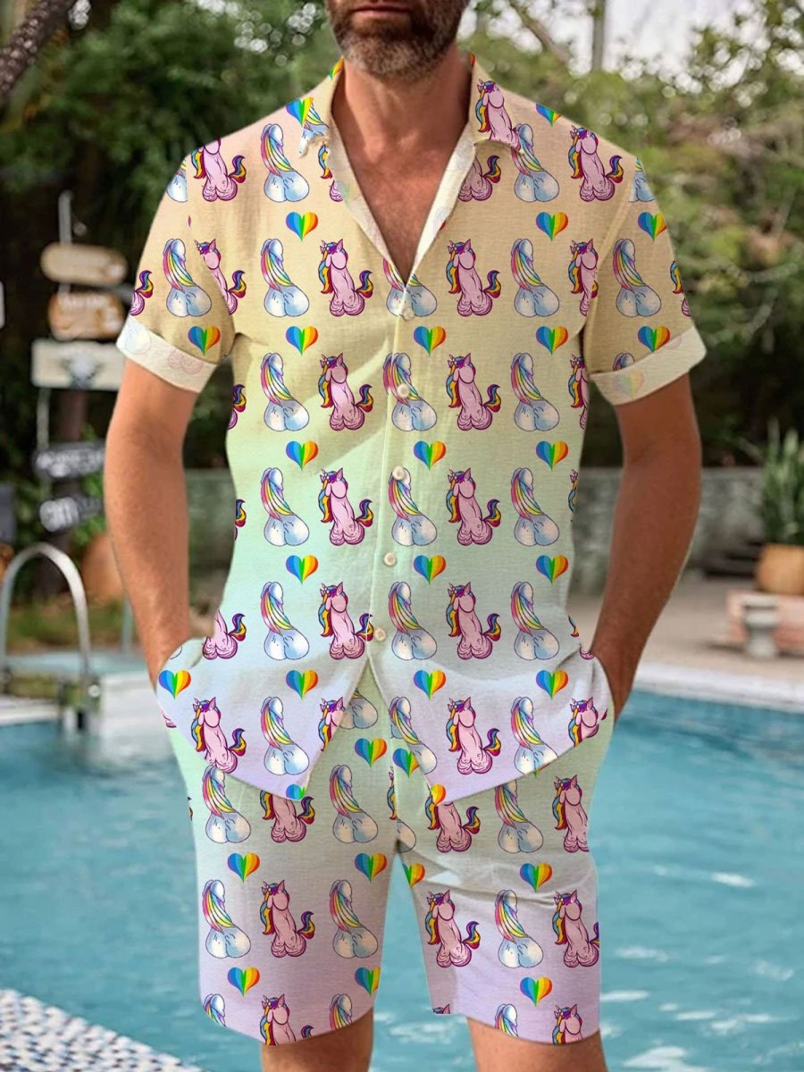 Men BXL Set | Fun Valentine'S Day Unicorn Print Casual Short Sleeve Shirt Set Photo Color