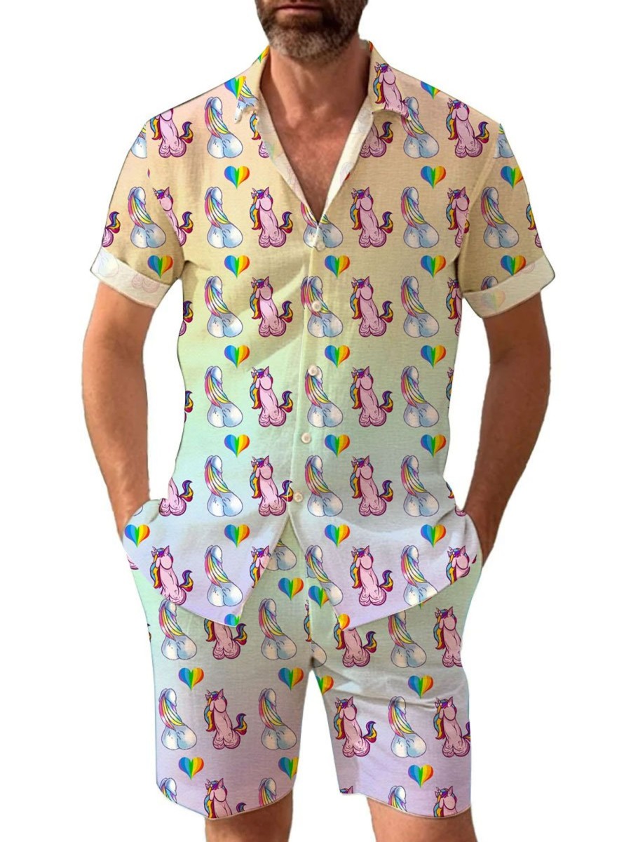 Men BXL Set | Fun Valentine'S Day Unicorn Print Casual Short Sleeve Shirt Set Photo Color