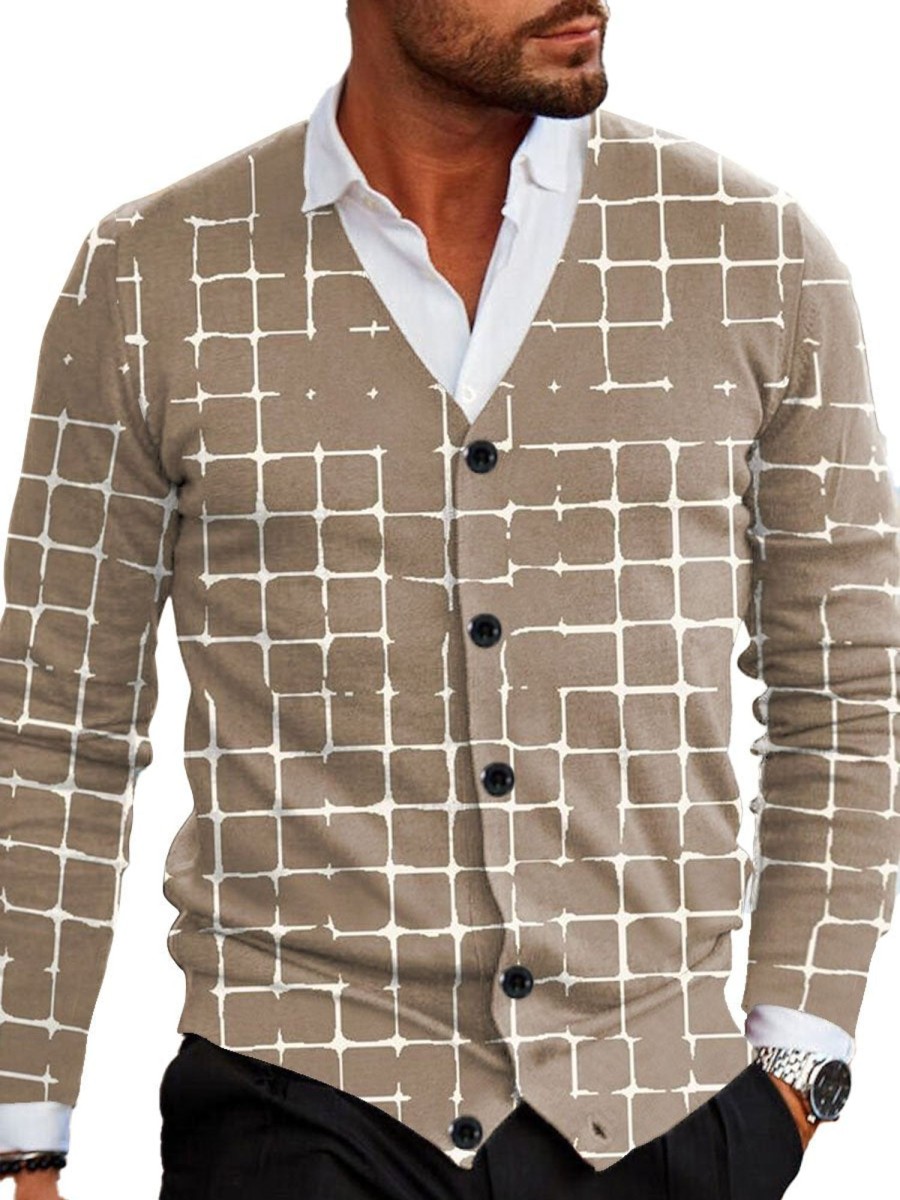 Men DJ Print Cardigan | Striped Print Crew Neck Knitted Pullover Sweater Khaki