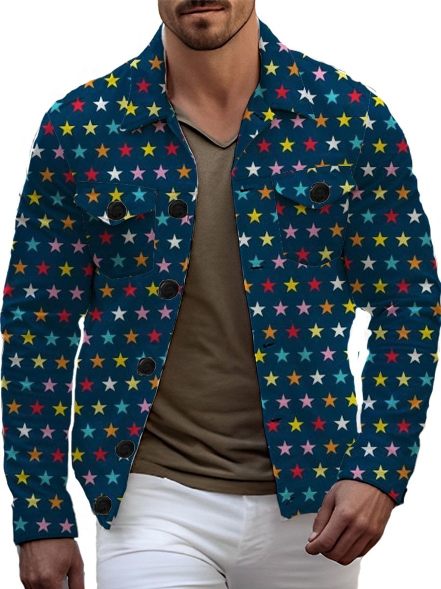 Men DJ Jacket | Vintage Star Print Pocket Single Breasted Lapel Jacket Navy