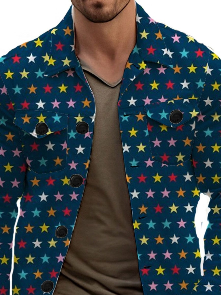 Men DJ Jacket | Vintage Star Print Pocket Single Breasted Lapel Jacket Navy