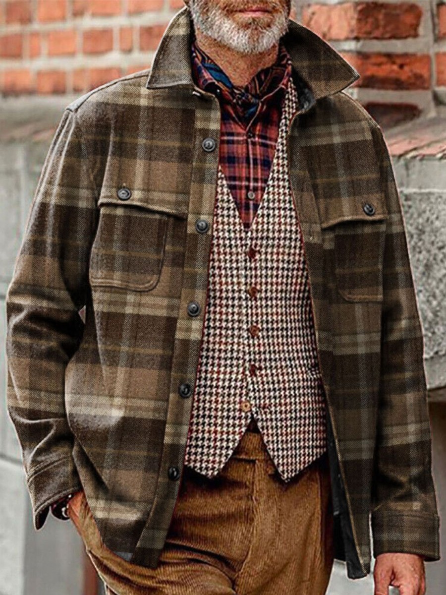 Men BXL Print Jacket | Men'S Casual Vintage Plaid Print Pocket Corduroy Jacket 45059335Xl Brown