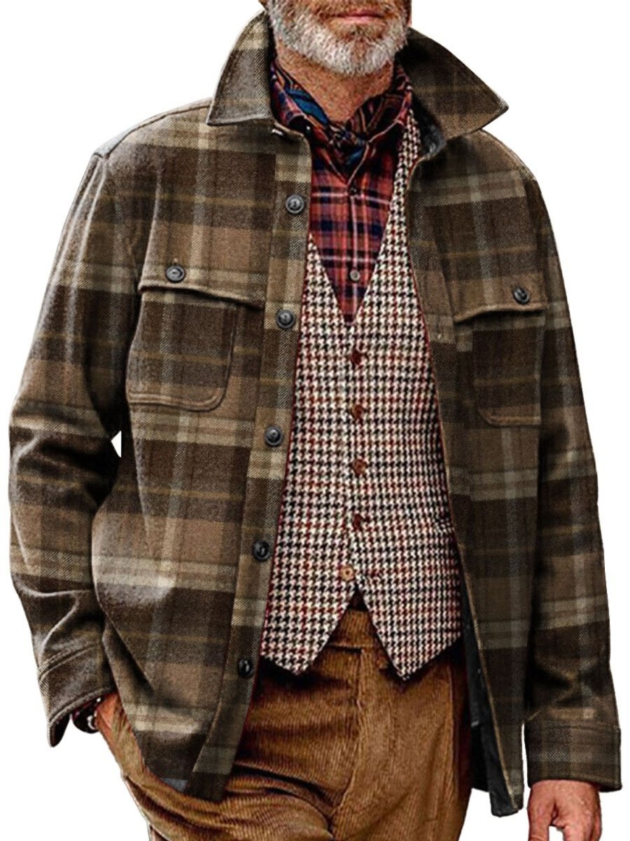 Men BXL Print Jacket | Men'S Casual Vintage Plaid Print Pocket Corduroy Jacket 45059335Xl Brown