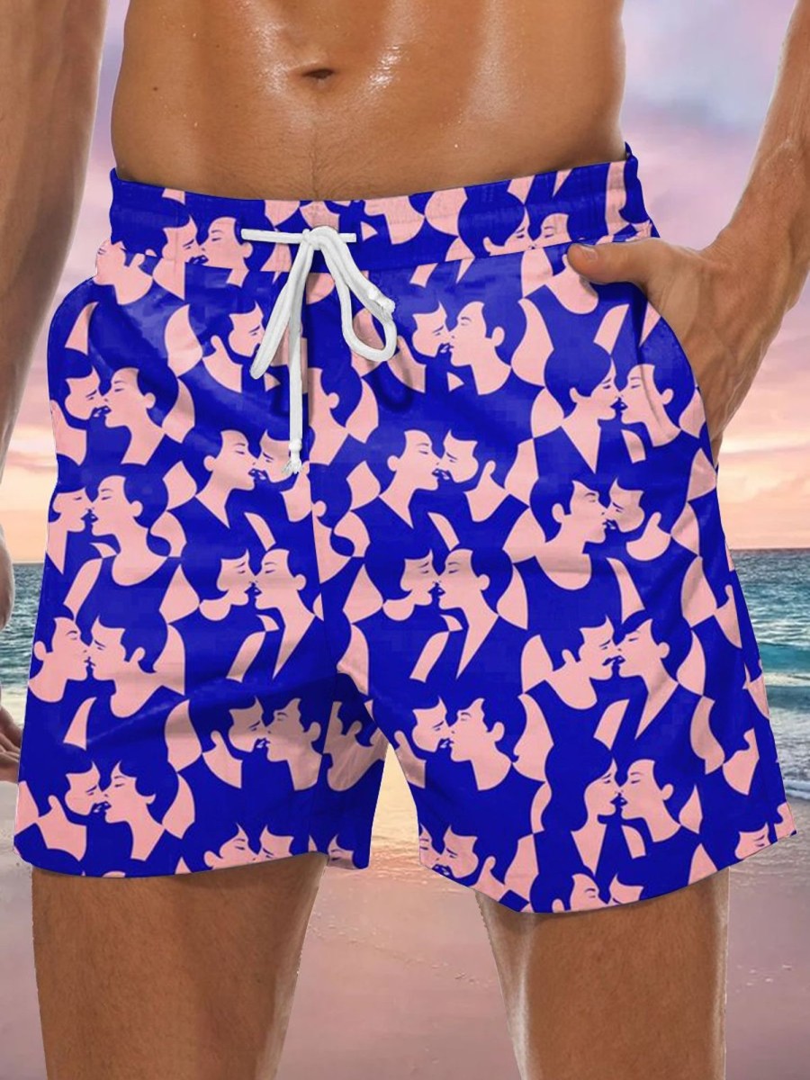 Men GYJ Bottoms | Character Print Drawstring Track Shorts Blue