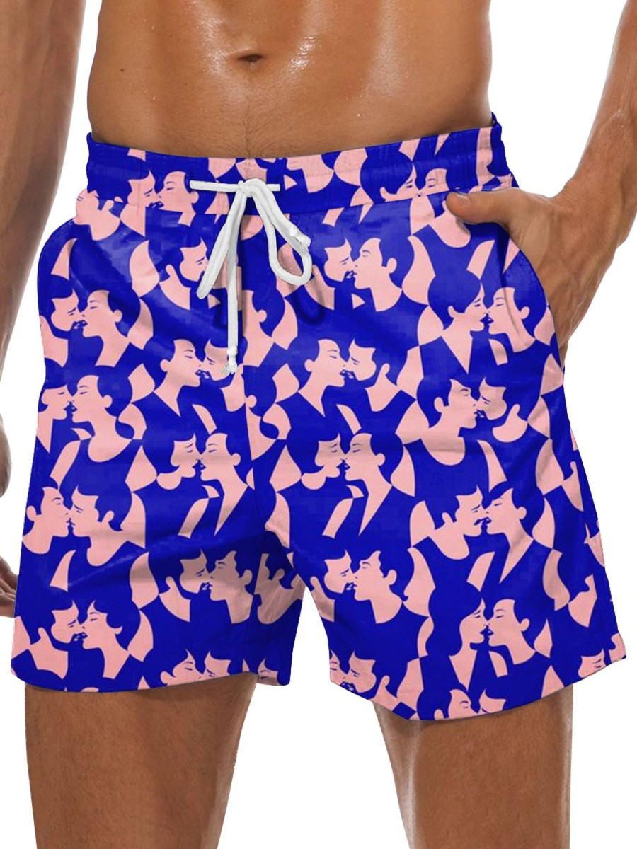 Men GYJ Bottoms | Character Print Drawstring Track Shorts Blue