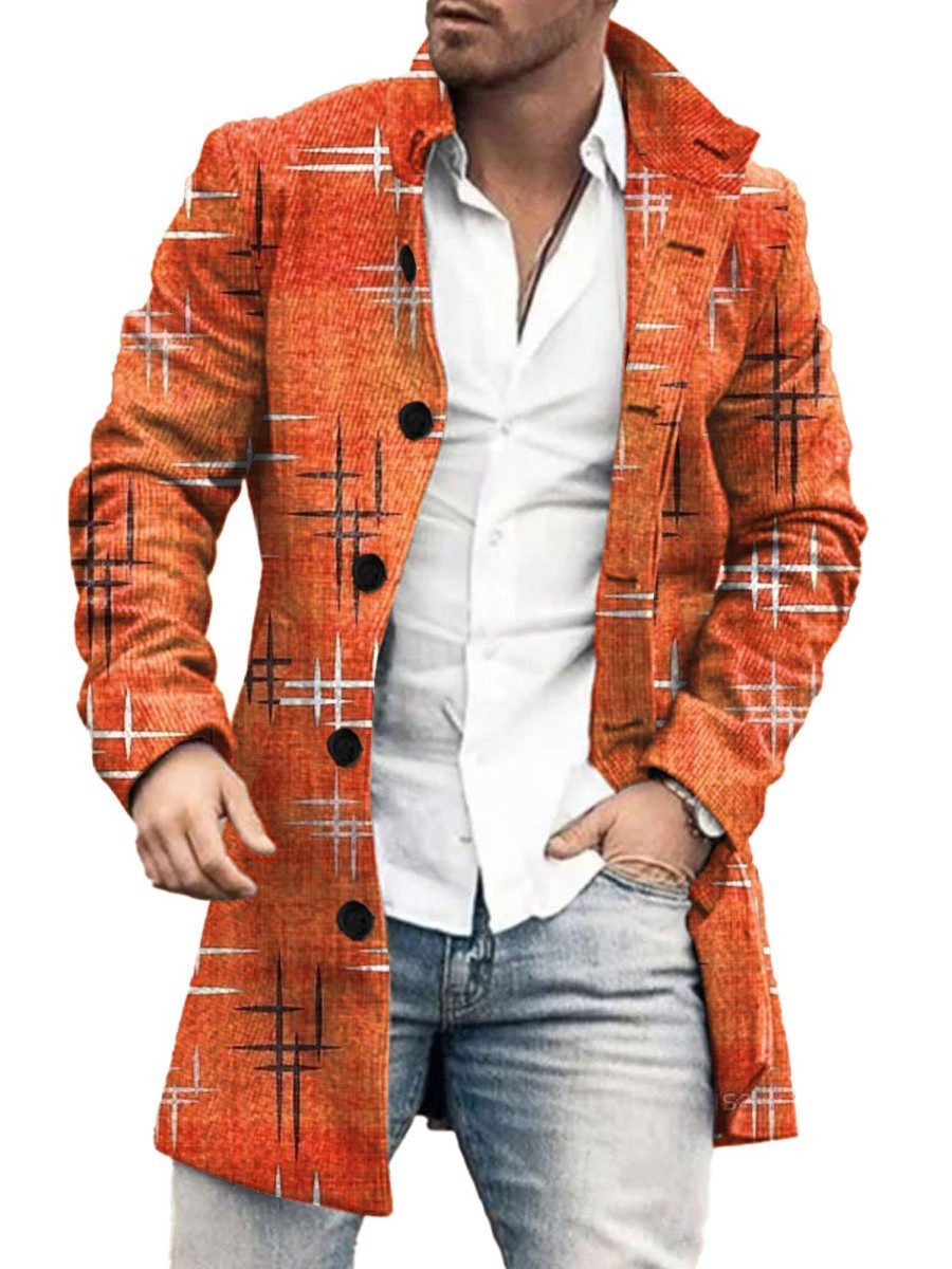 Men BXL Print Jacket | Men'S Retro Line Art Print Double-Sided Tweed Single-Breasted Coat Orange