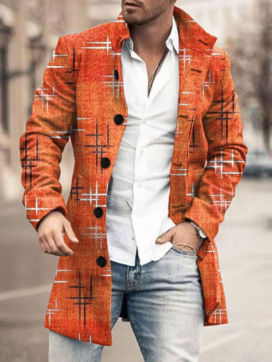 Men BXL Print Jacket | Men'S Retro Line Art Print Double-Sided Tweed Single-Breasted Coat Orange