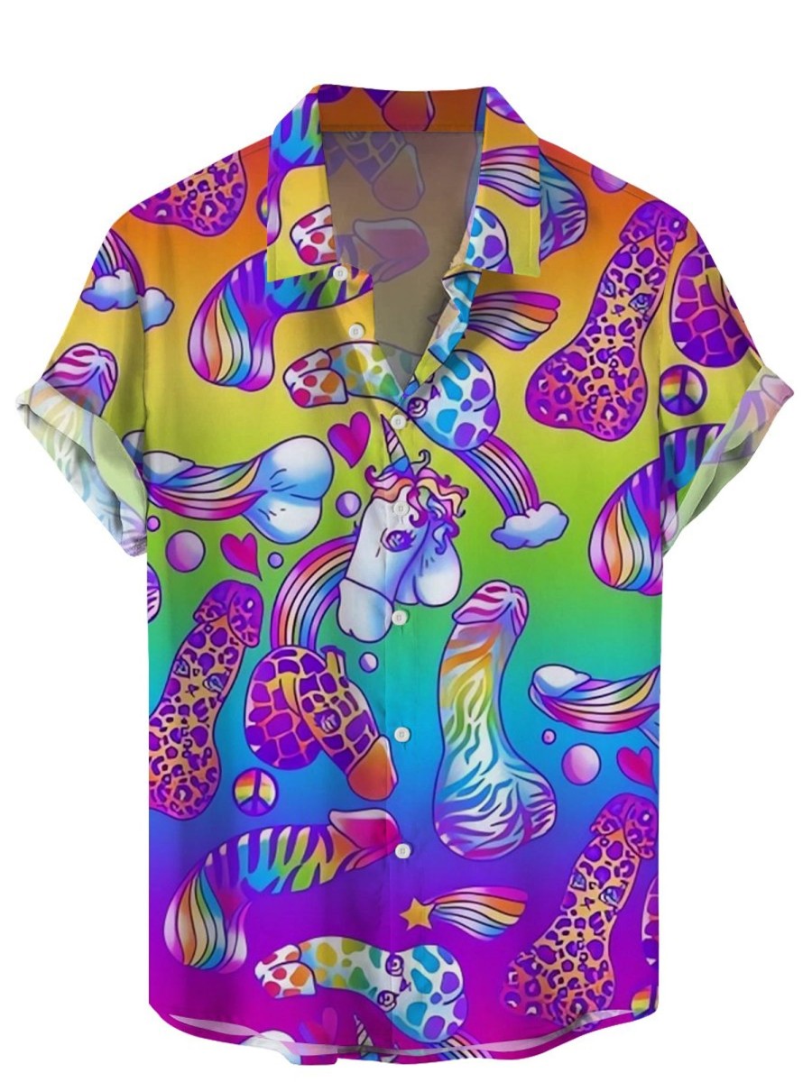 Men HLJ Shirts | Cock Rainbow Graphic Hawaii Short Sleeve Easy Care Aloha Shirt