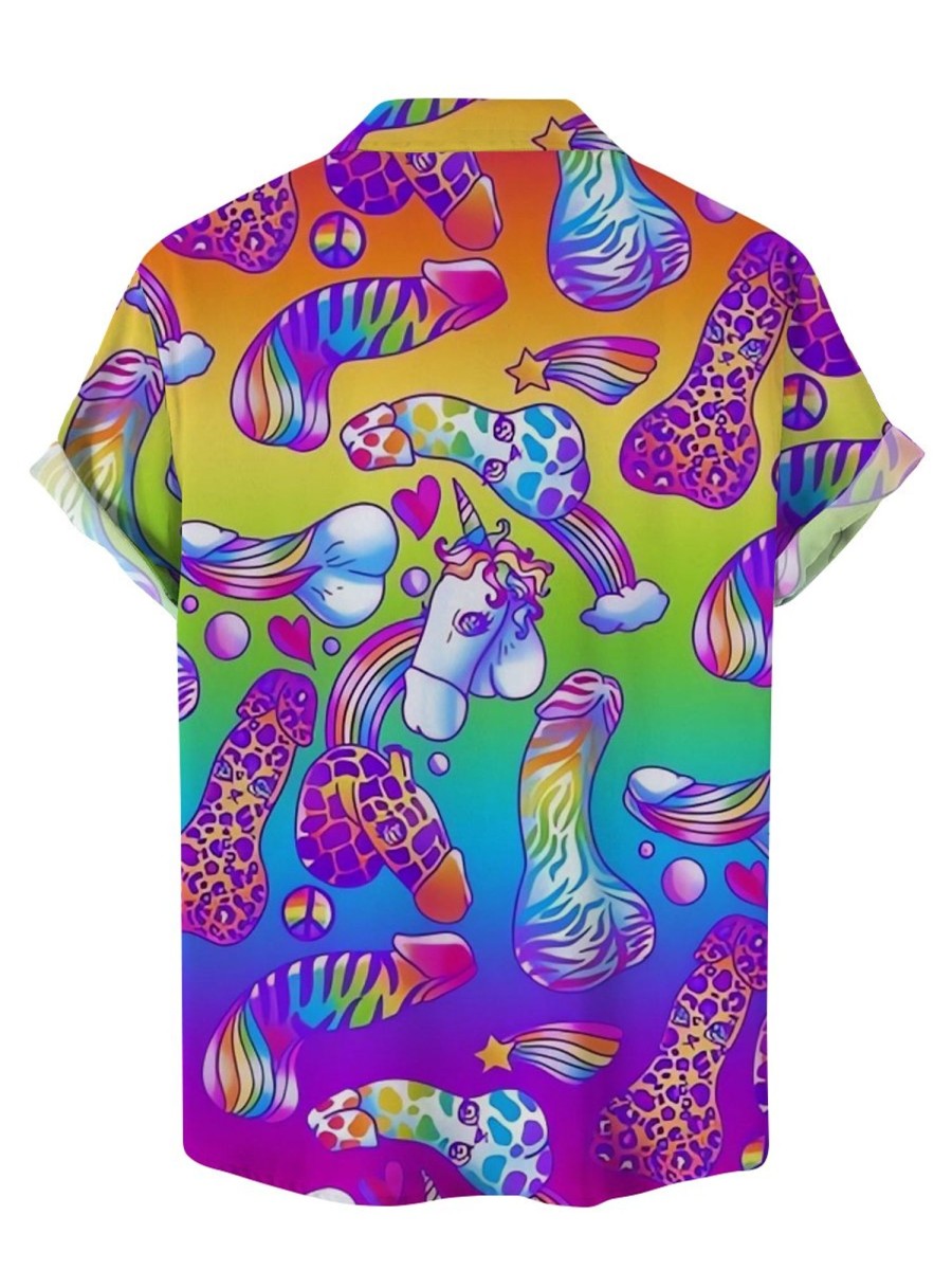 Men HLJ Shirts | Cock Rainbow Graphic Hawaii Short Sleeve Easy Care Aloha Shirt