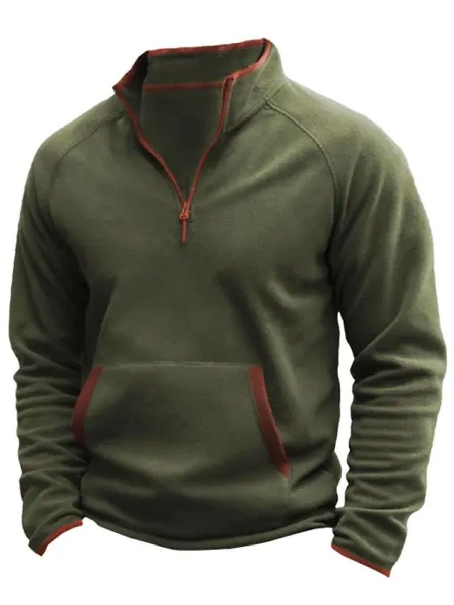 Men BXL T-Shirts | Men'S Sweatshirt Fleece Quarter Zip Outdoor Contrast Color Daily Tops Army Green 12034681Xl Grmy Green