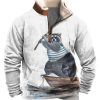 Men BXL T-Shirts | Men'S And Women'S Striped Raccoon Watercolor Zipper Fur Collar Sweatshirt Gray