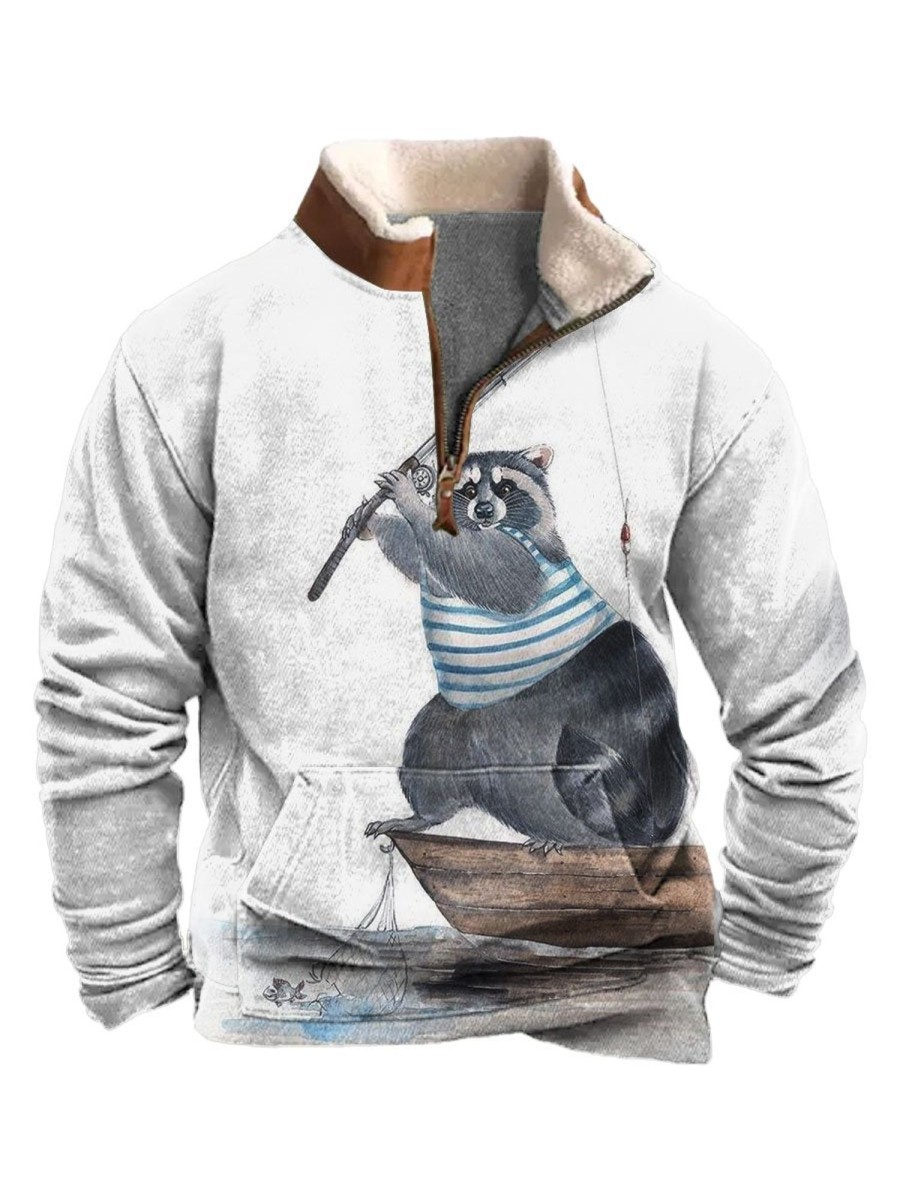 Men BXL T-Shirts | Men'S And Women'S Striped Raccoon Watercolor Zipper Fur Collar Sweatshirt Gray