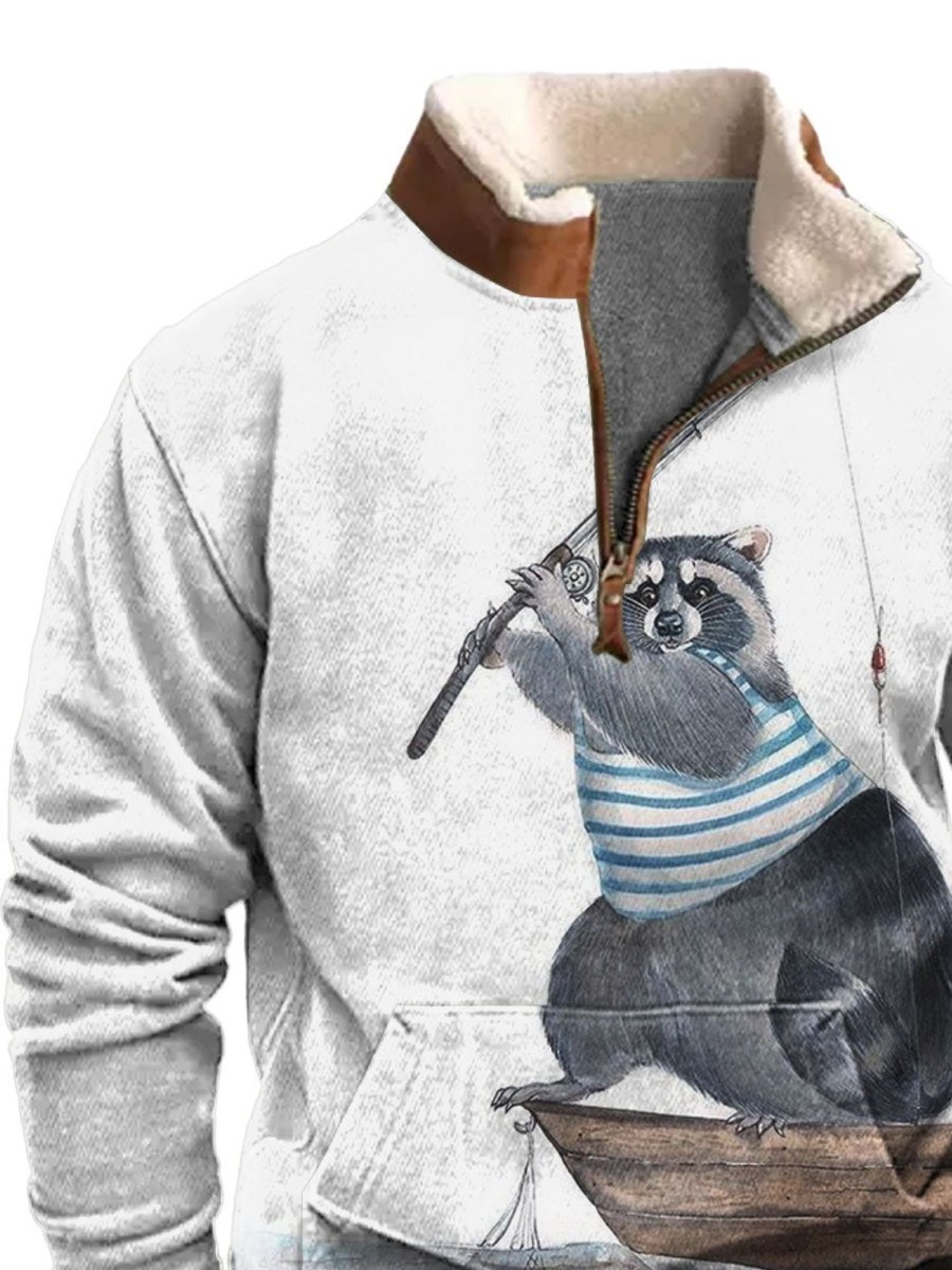 Men BXL T-Shirts | Men'S And Women'S Striped Raccoon Watercolor Zipper Fur Collar Sweatshirt Gray