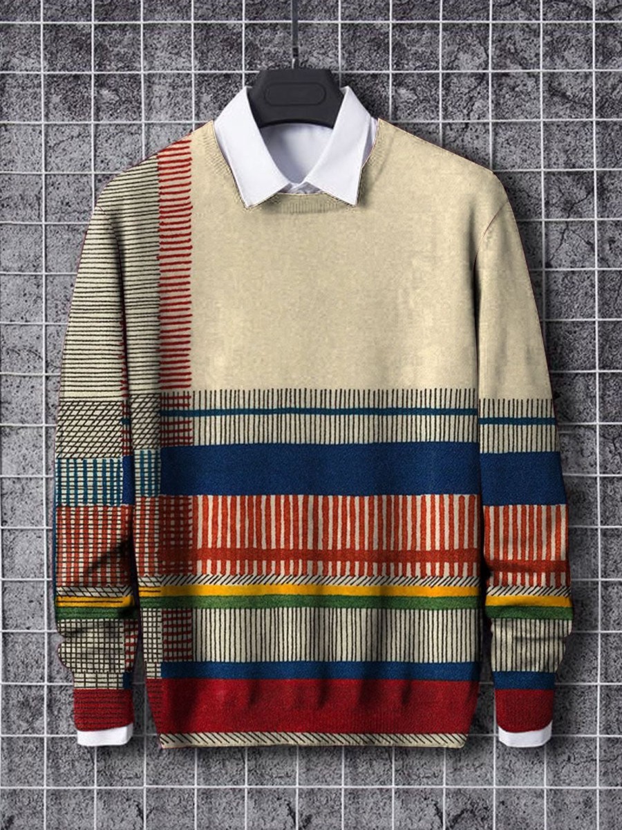 Men BXL Print Sweater | Men'S Colorful Geometric Casual Knitted Pullover Sweater Photo Color